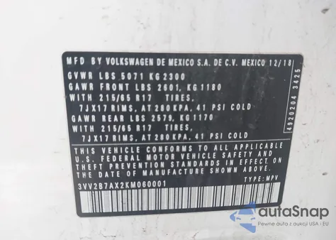 2019 Volkswagen Tiguan 2.0T Se/2.0T Sel/2.0T Sel R-Line/2.0T Sel R-Line Black from USA, damaged, VIN 3VV2B7AX2KM060001